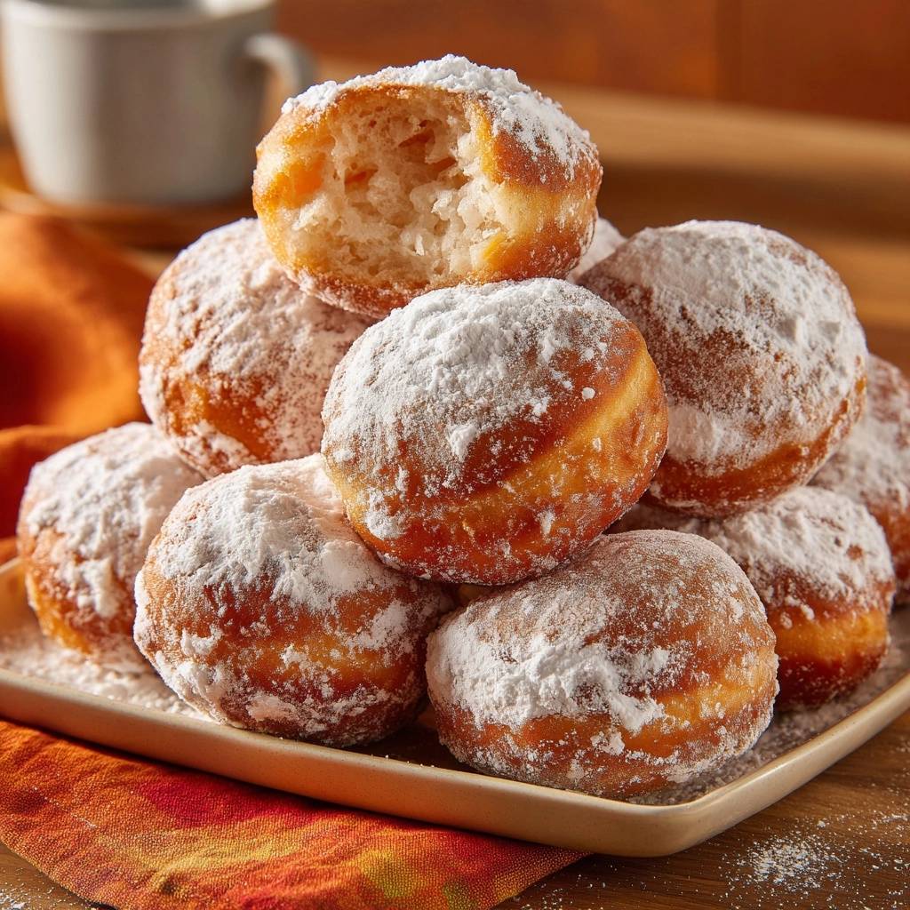 Berliner Puderzucker-Krapfen, angeschnitten, zeigt einen Blick auf die fluffige Innenseite. Die frisch gebackenen Krapfen sind mit Puderzucker bestäubt.