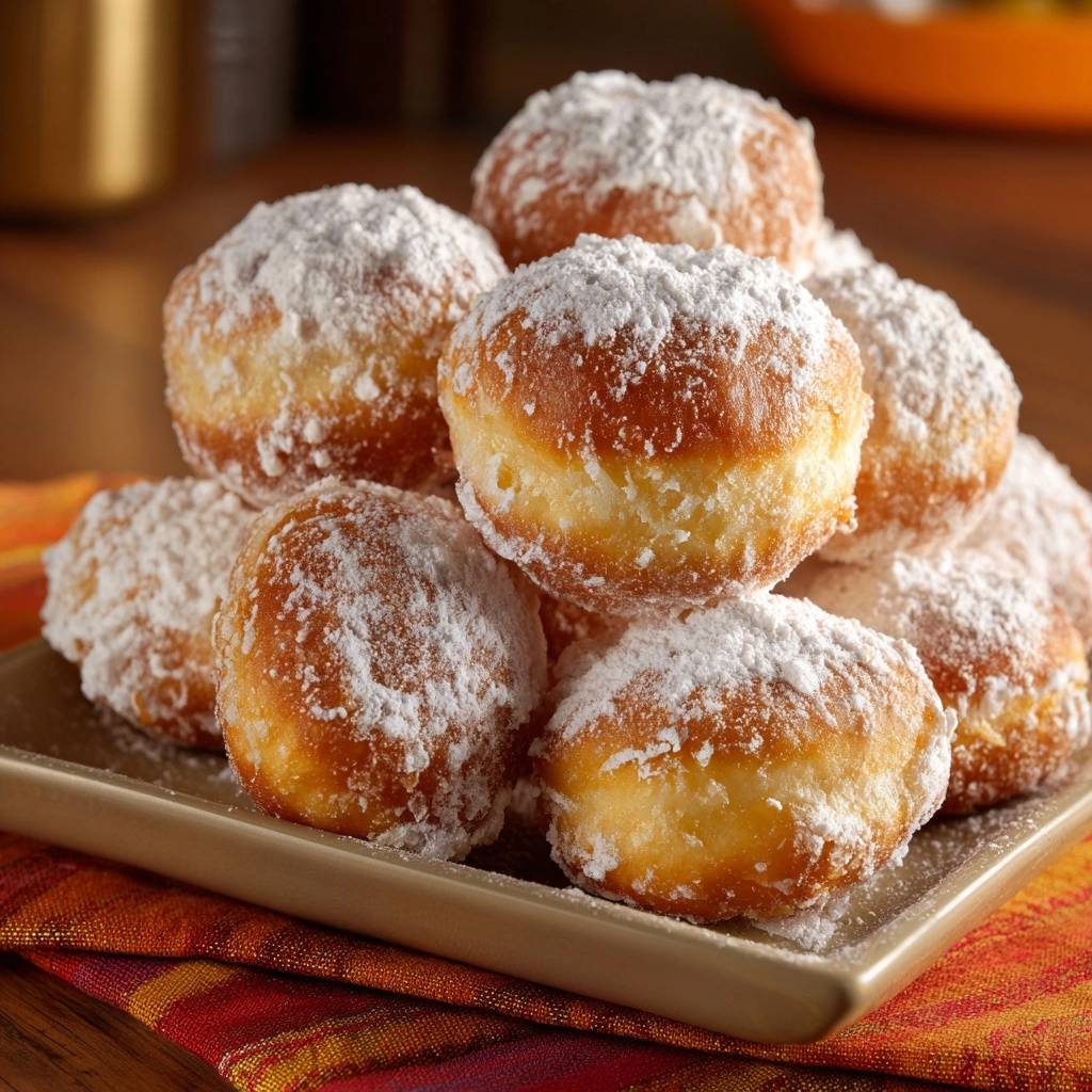 Berliner Puderzucker Krapfen Gestapelt Nahaufnahme 1 Berliner Puderzucker-Krapfen sind hier in einer Nahaufnahme gestapelt, die die puderzuckerbedeckte Textur zeigt. Die frittierten Krapfen sehen herrlich fluffig aus.