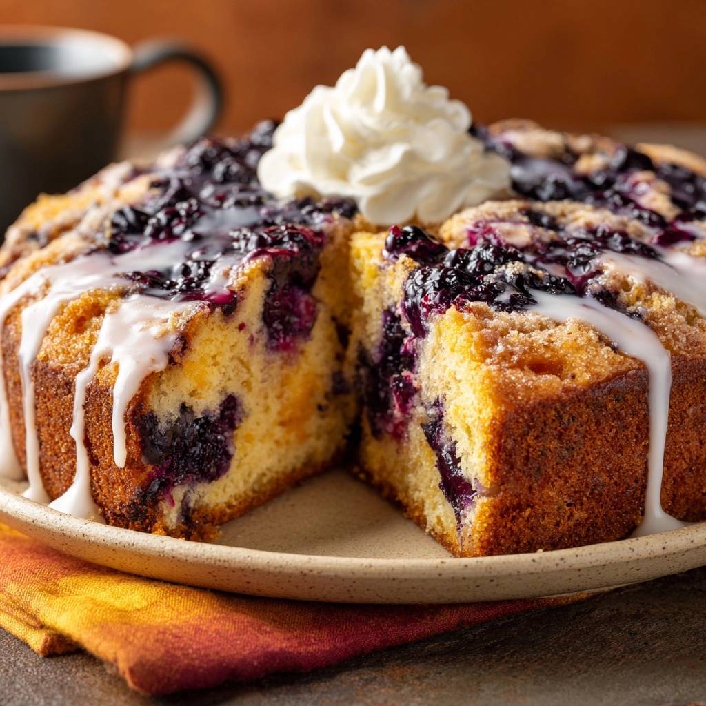 Blaubeer-Streuselkuchen mit saftigem Innenleben, Anschnitt und Glasur, garniert mit einem Tupfer Sahne auf einem Teller serviert.