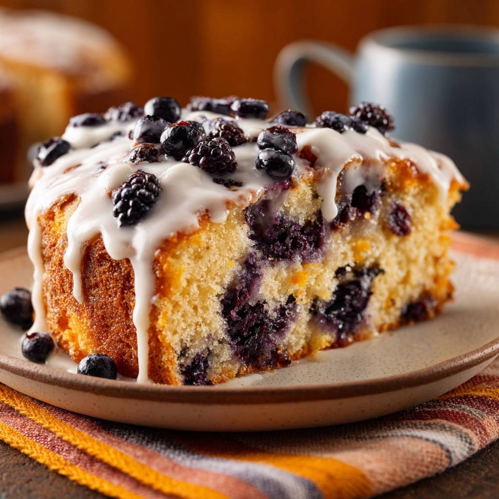 Blaubeer Streuselkuchen Querschnitt Serviert 1 Blaubeer-Streuselkuchen, eine köstliche Scheibe serviert, zeigt einen saftigen Querschnitt mit Blaubeeren und einer leckeren Glasur.