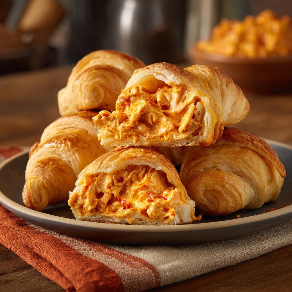 Buffalo-Hähnchen-Croissants angeschnitten, die die cremige Füllung aus zerrupftem Hähnchenfleisch und Käse zeigen.