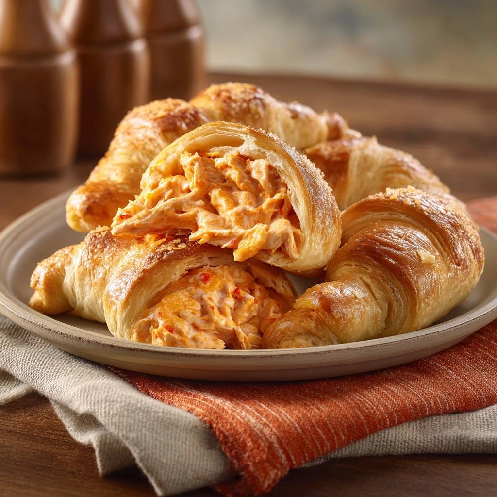 Buffalo-Hähnchen-Croissants im Detail gezeigt, mit einem Blick auf den leckeren, cremigen Innenraum und die knusprige Kruste.