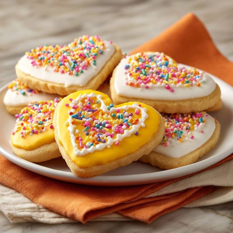 Bunte Herz-Sprinkles-Kekse zeigen eine Nahaufnahme von Zuckerguss-Herzen mit bunten Streuseln, die auf einem Teller gestapelt sind.
