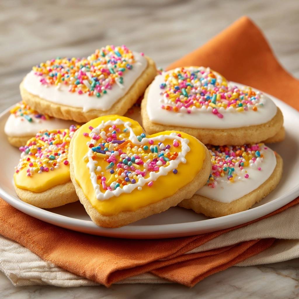 Bunte Herz-Sprinkles-Kekse zeigen eine Nahaufnahme von Zuckerguss-Herzen mit bunten Streuseln, die auf einem Teller gestapelt sind.