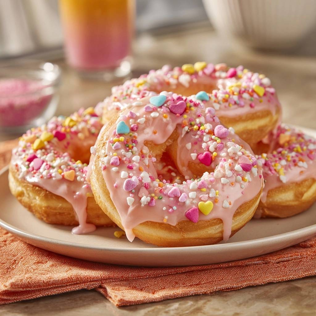 Bunte rosa-Herz-Donuts mit Zuckerguss und bunten Streuseln, Nahaufnahme der glasierten Oberfläche mit Herzstreuseln.