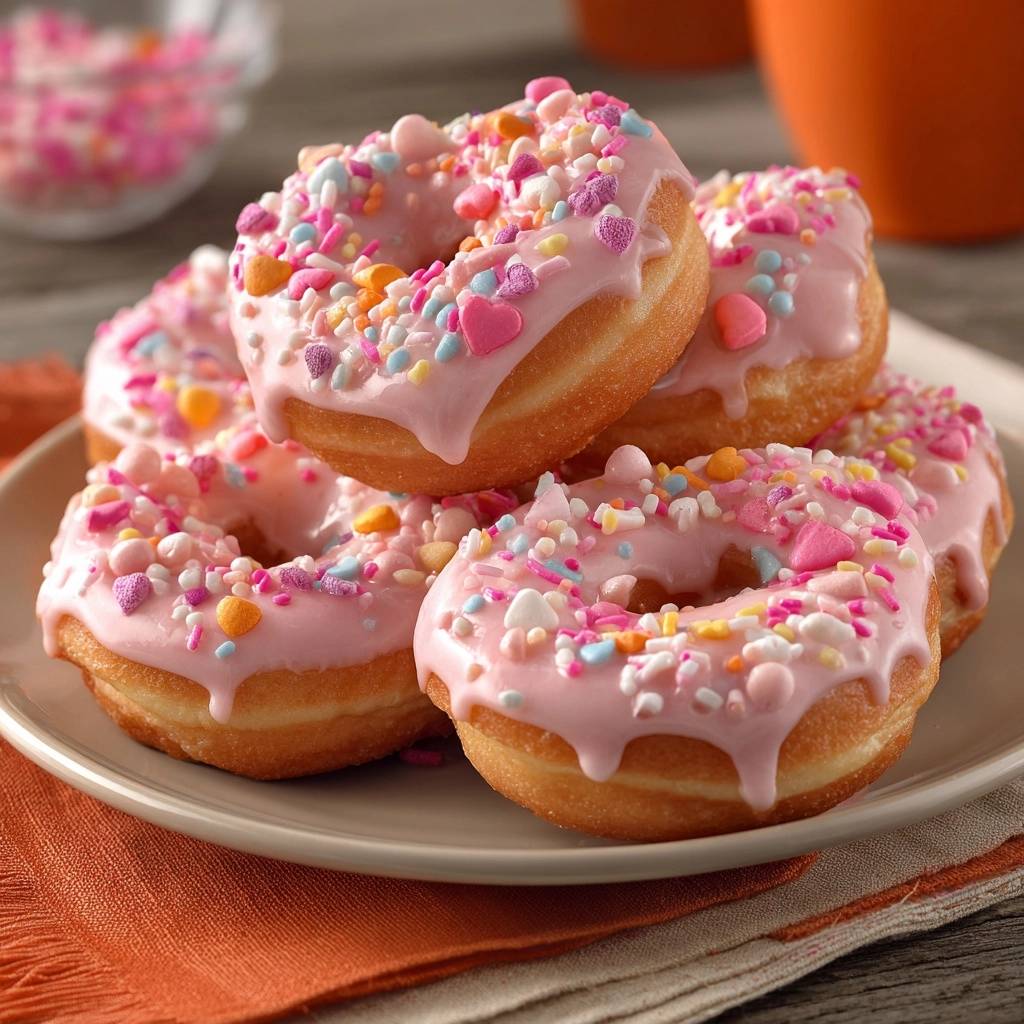 Bunte Rosa Herz Donuts Nahaufnahme Gestapelt 1 Bunte Rosa-Herz-Donuts, gestapelt auf einem Teller mit rosa Zuckerguss und bunten Streuseln.