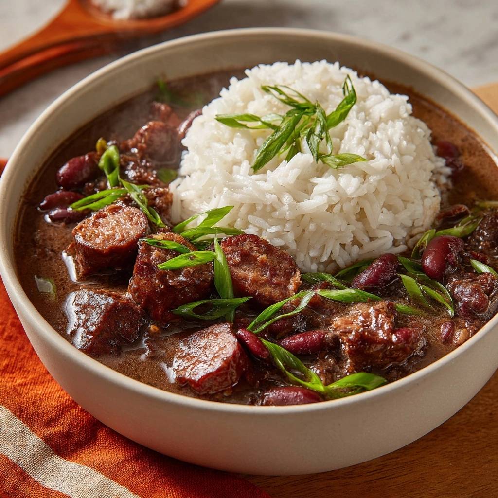 Cajun Rote Bohnen mit Wurst und Reis: Eine großzügige Portion serviert in einer cremigen Soße, garniert mit frischen Kräutern.