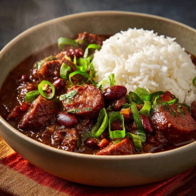 Cajun Rote Bohnen mit Wurst und Reis in cremiger Soße serviert, garniert mit frischen Kräutern und Zwiebeln, daneben ein Klecks Reis.
