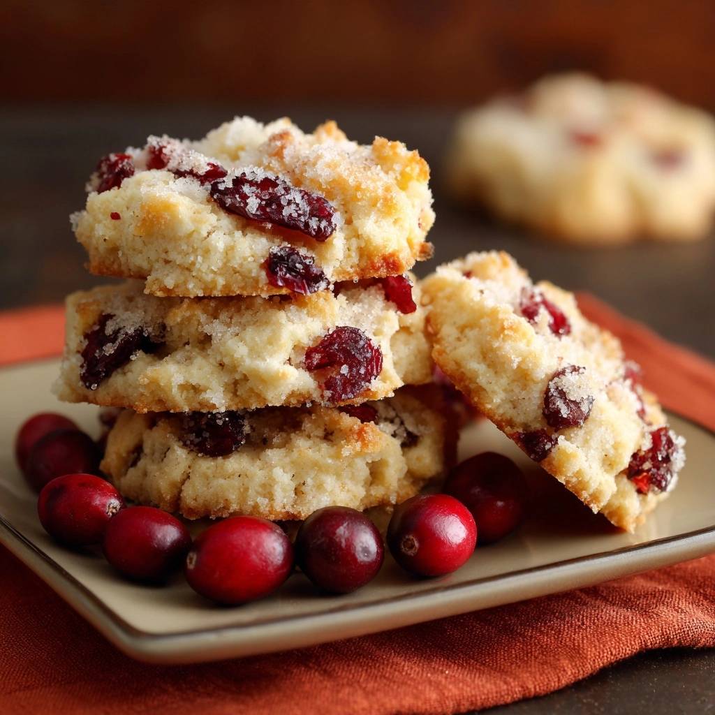 Cranberry-Schneebällchen sind hier als Stapel auf einem Teller mit frischen Cranberries serviert, mit Zucker bestreut.
