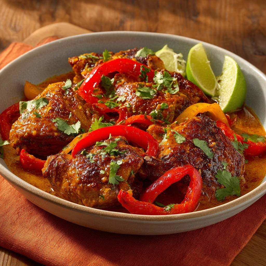 Cremiges Hühner-Curry mit Paprika & Limette in Nahaufnahme: Ein Teller voller saftiger Hühnerstücke mit Paprika, frischem Koriander und Limettenspalten.