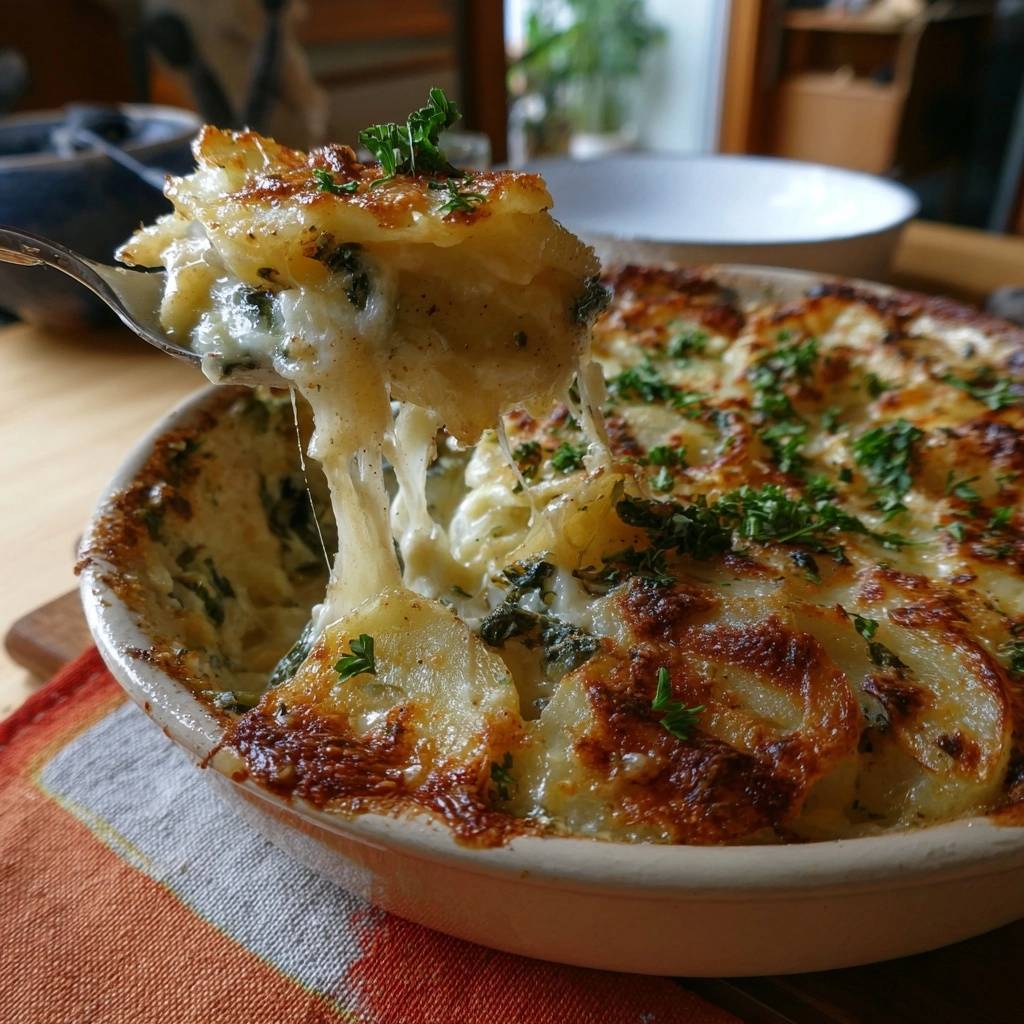 Cremiges Kartoffel-Spinat-Gratin mit Käse, der sich zieht, serviert in einer Auflaufform, garniert mit frischer Petersilie.