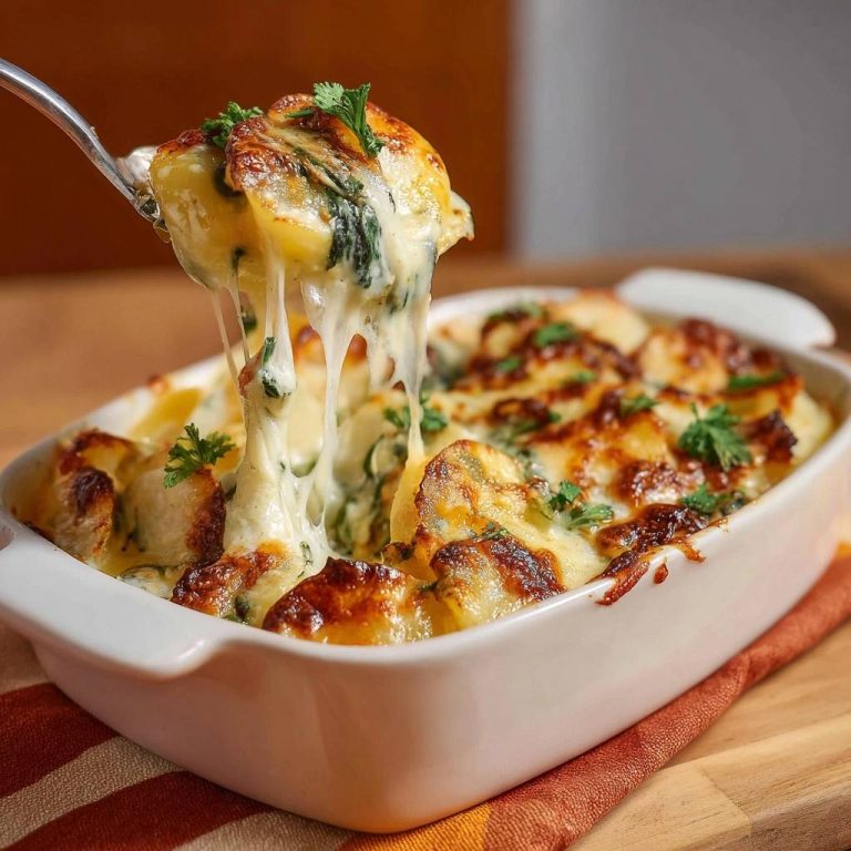 Cremiges Kartoffel-Spinat-Gratin mit geschmolzenem Käse, der sich beim Abheben vom Löffel zieht, serviert in einer Auflaufform.