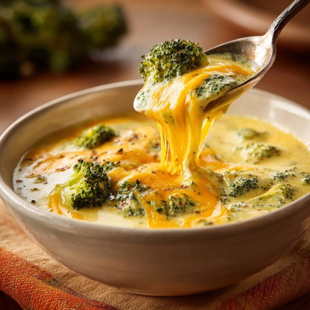 Cremige Brokkoli Kase Suppe Kaese Zieht Faden 1 Cremige Brokkoli-Käse-Suppe: Nahaufnahme zeigt den geschmolzenen Käse, der sich von der Suppe auf einem Löffel abhebt. Diese Suppe ist cremig und voller Geschmack.