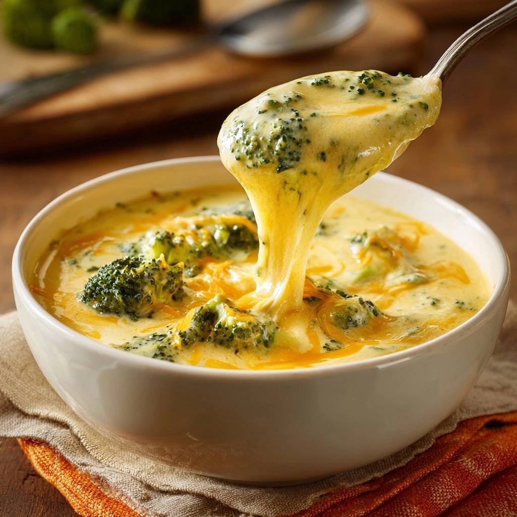 Cremige Brokkoli-Käse-Suppe mit einem Löffel, der geschmolzenen Käse zieht und sie in der Schüssel zeigt.