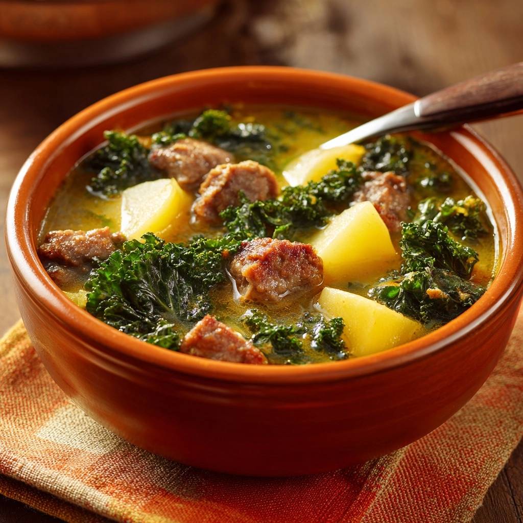 Cremige Gruenkohl Kartoffelsuppe Mit Hackbaellchen Serviert 1 Cremige Grünkohl-Kartoffelsuppe mit saftigen Hackbällchen serviert in einer rustikalen Schüssel, garniert mit frischem Grünkohl und Kartoffeln.
