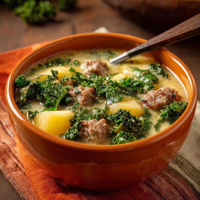 Cremige Grünkohl-Kartoffelsuppe mit saftigen Hackbällchen serviert in einer rustikalen Schüssel, perfekt für ein gemütliches Essen.