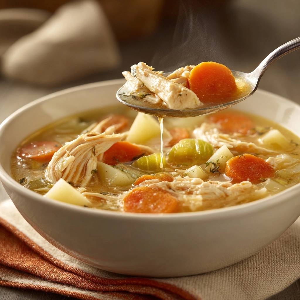 Cremige Hühnersuppe mit Gemüse in Nahaufnahme: Ein Löffel voll dampfender Suppe mit Gemüse und Hühnchen über einer Schüssel.