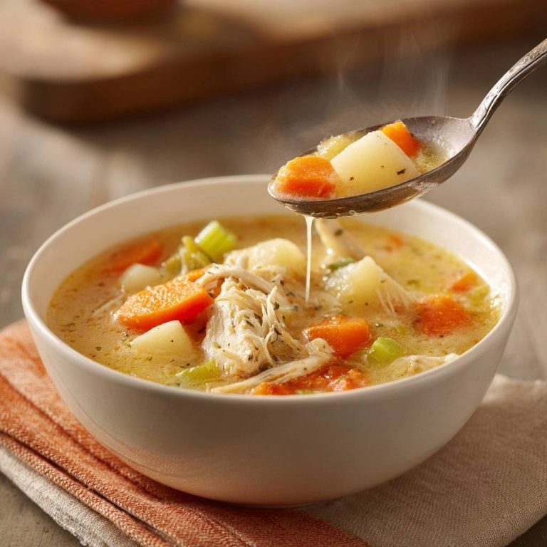 Cremige Hühnersuppe mit Gemüse, mit einem Löffel voller Kartoffeln und Karotten, der aus der Schüssel gehoben wird.