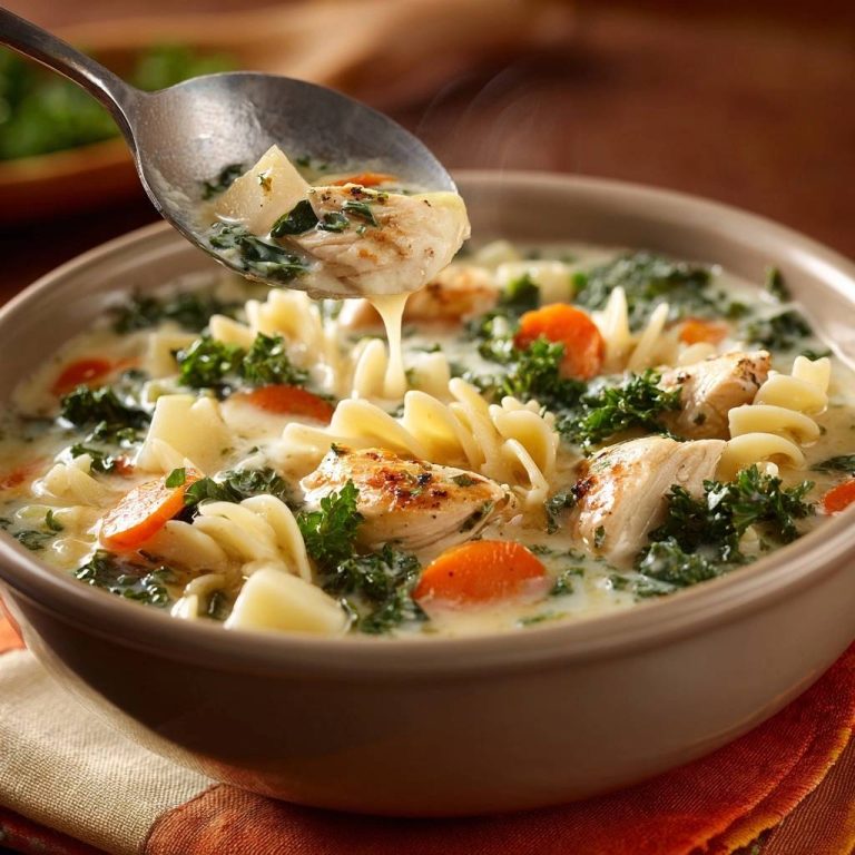 Cremige Hühnersuppe mit Kale und Nudeln, Nahaufnahme einer Löffelportion mit dampfenden Nudeln und Hühnchen