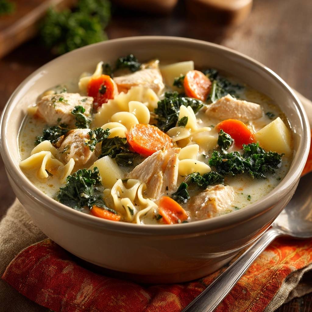 Cremige Hühnersuppe mit Kale und Nudeln, eine Nahaufnahme der reichhaltigen Zutaten in der Schüssel.
