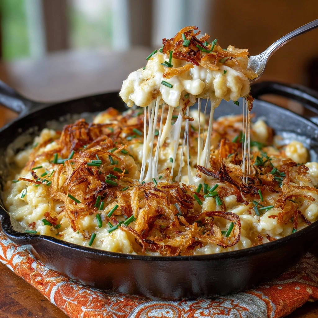 Cremige Kaesespaetzle Kaesefaden Nahaufnahme 1 Cremige Käsespätzle mit Käsefaden in Nahaufnahme, garniert mit knusprigen Zwiebeln und Schnittlauch. Ein köstliches Gericht in der Pfanne serviert.
