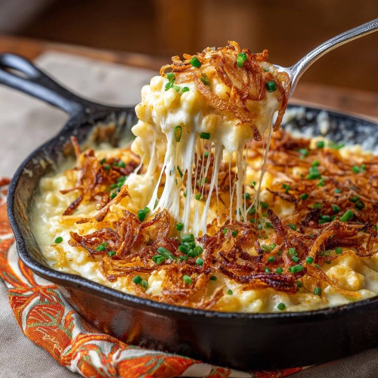 Cremige Käsespätzle mit einem unwiderstehlichen Käsefaden, der sich beim Abheben vom Löffel in die Länge zieht. Die Spätzle sind mit Röstzwiebeln garniert.