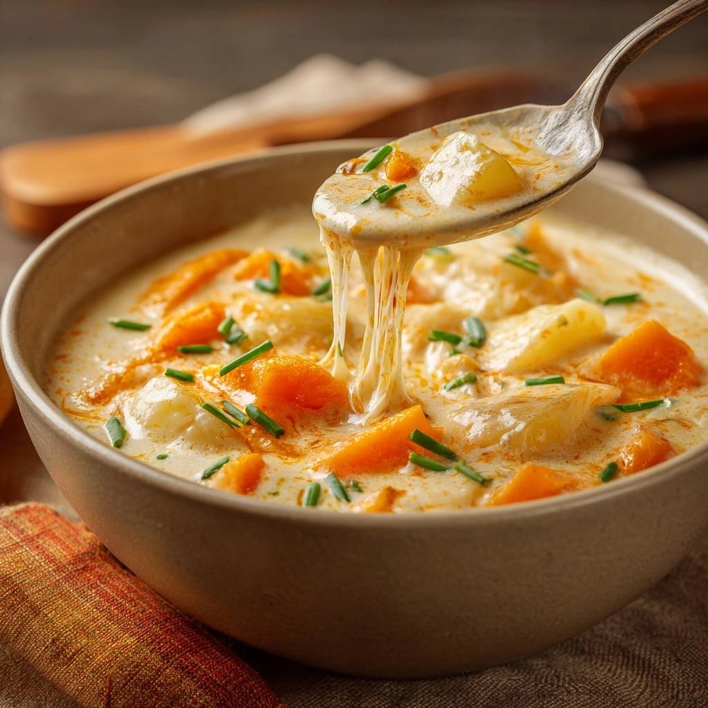 Cremige Kartoffel Karottensuppe Kaese Faden Nahaufnahme 1 Cremige Kartoffel-Karottensuppe mit cremigem Käse, der sich in langen Fäden von der Suppe löst, und frischen Kräutern.