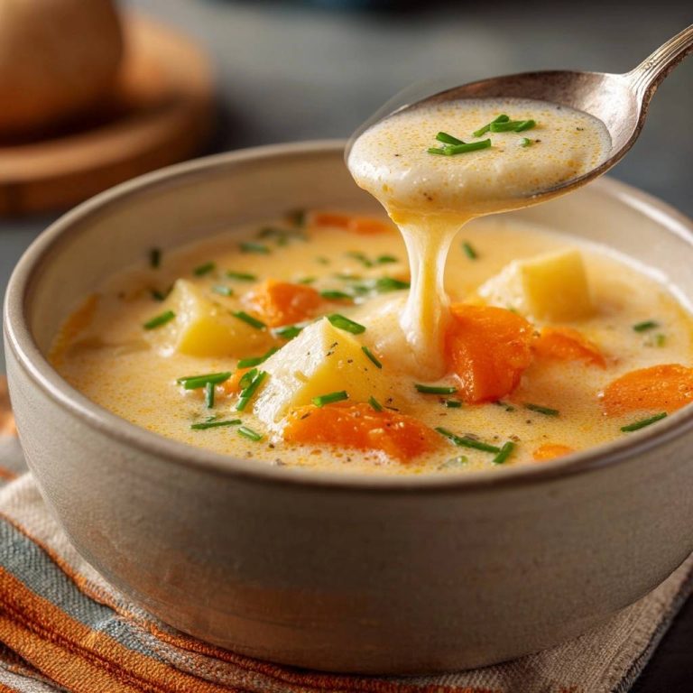 Cremige Kartoffel-Karottensuppe, die von einem Löffel abgegossen wird, zeigt die cremige Konsistenz und die frischen Kräuter.