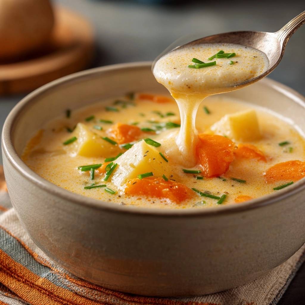 Cremige Kartoffel-Karottensuppe, die von einem Löffel abgegossen wird, zeigt die cremige Konsistenz und die frischen Kräuter.