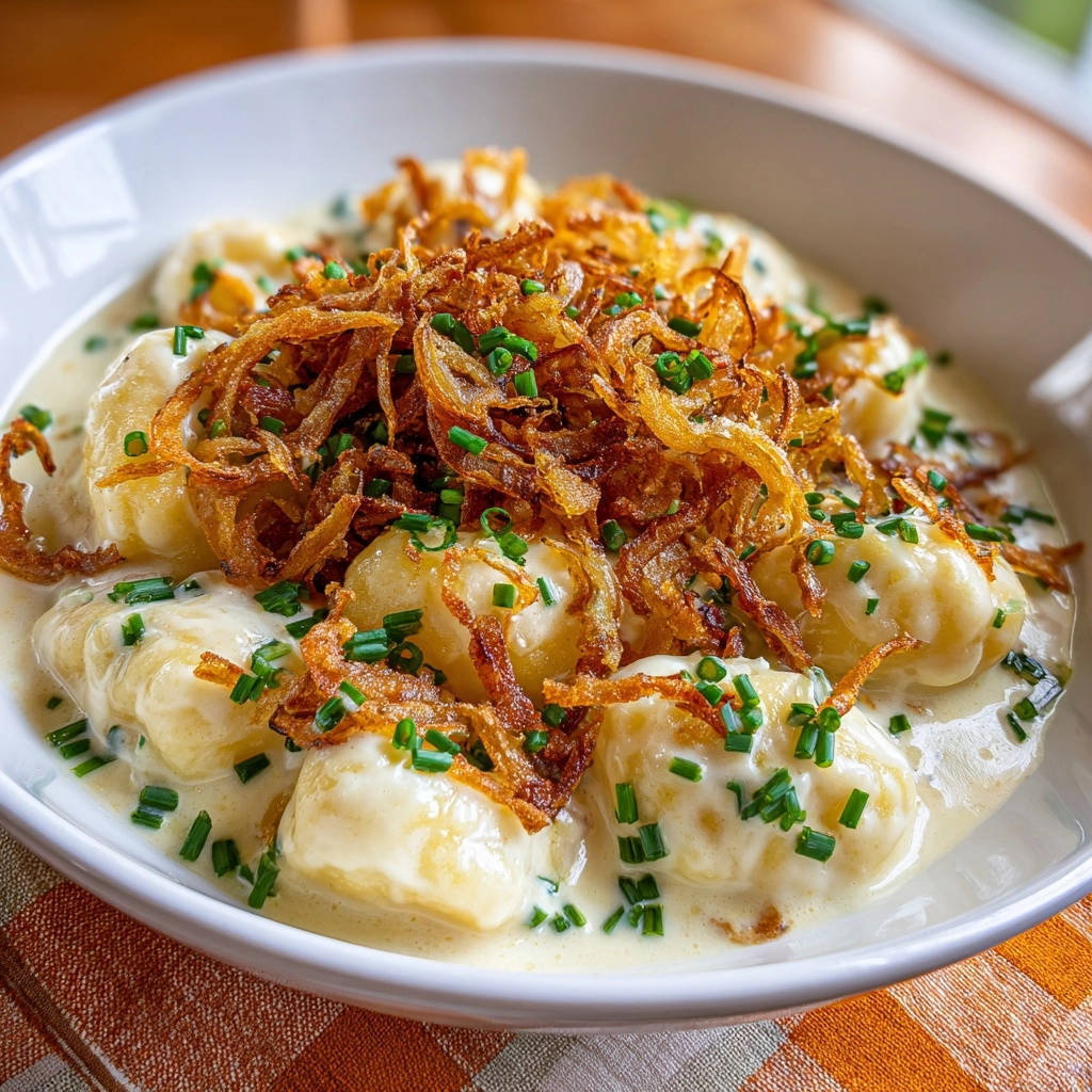 Cremige Kartoffelgnocchi mit Röstzwiebeln, serviert in einer weißen Schüssel, garniert mit frischen Kräutern und knusprigen Zwiebeln.