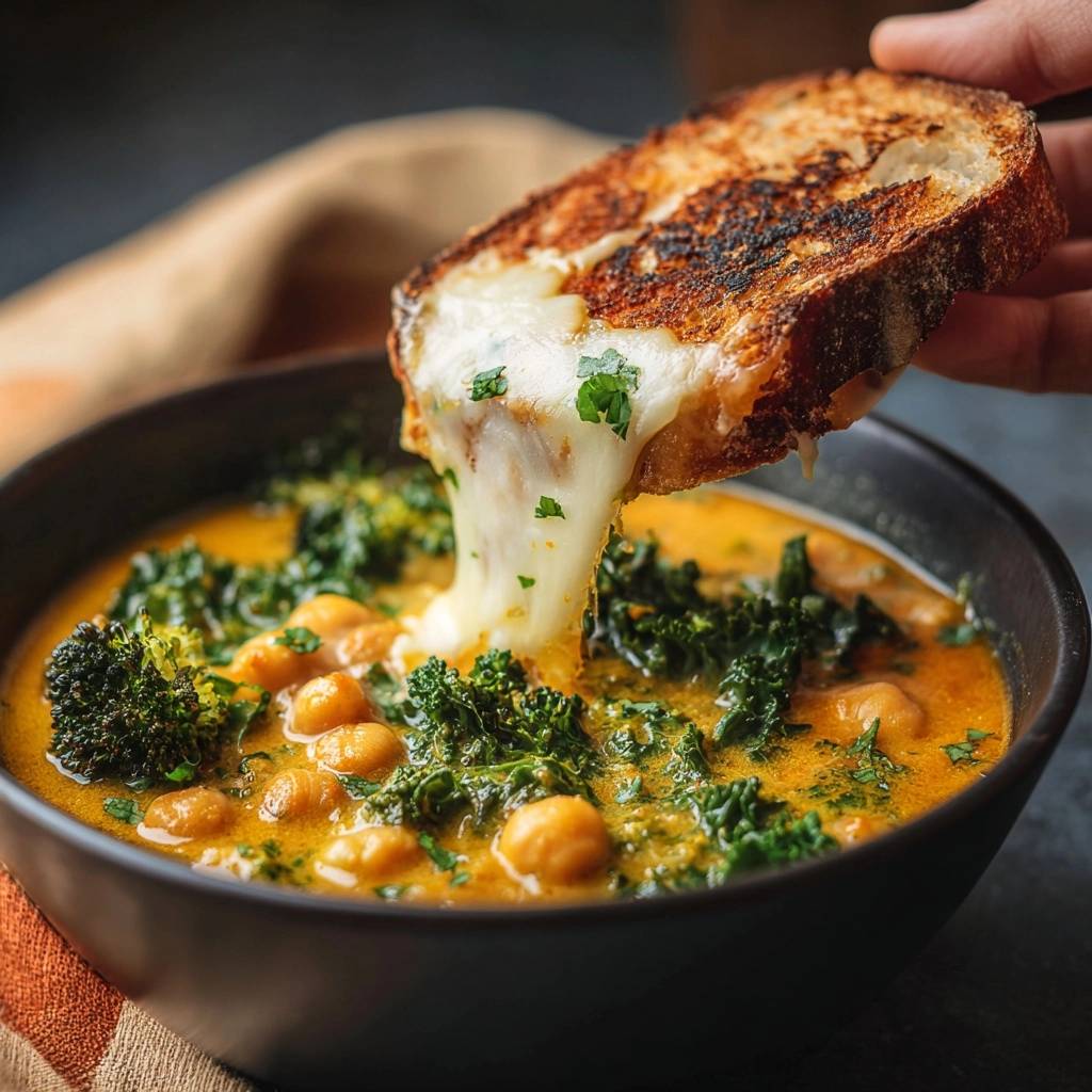 Cremige Kichererbsen-Brokkoli-Suppe mit Grünkohl, serviert mit einer geschmolzenen Käse-Brotscheibe, die in die Suppe getunkt wird.