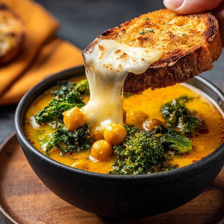 Cremige Kichererbsen-Brokkoli-Suppe mit Grünkohl, mit geschmolzenem Käse, der von einer gerösteten Brotscheibe in die Suppe tropft.