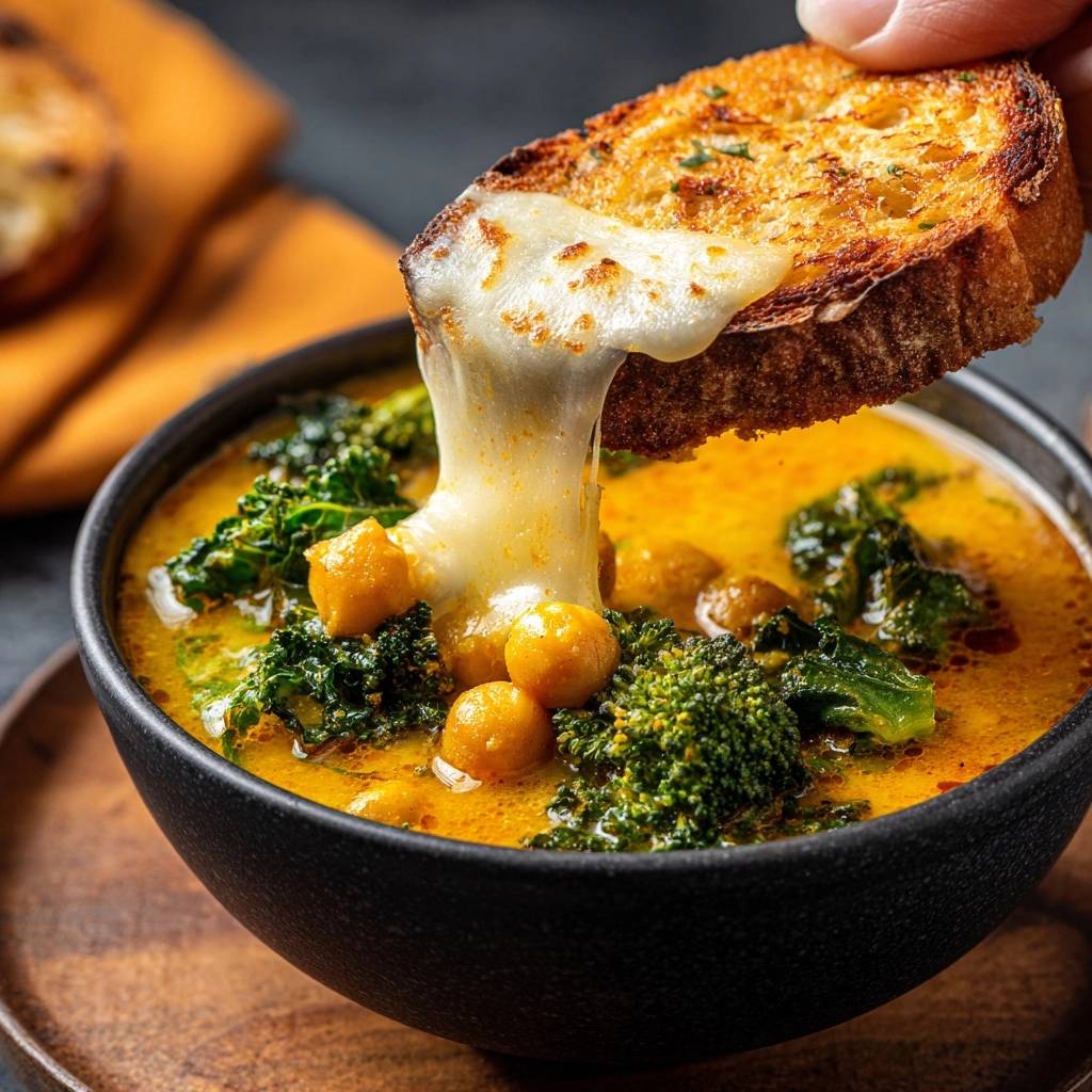 Cremige Kichererbsen-Brokkoli-Suppe mit Grünkohl, mit geschmolzenem Käse, der von einer gerösteten Brotscheibe in die Suppe tropft.