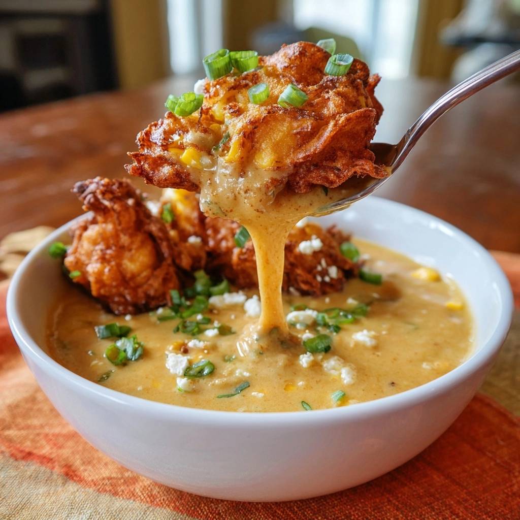 Cremige Mais-Suppe mit knusprigen Corn Fritters in Nahaufnahme auf einem Löffel, mit tropfender Sauce und frischer Dekoration.