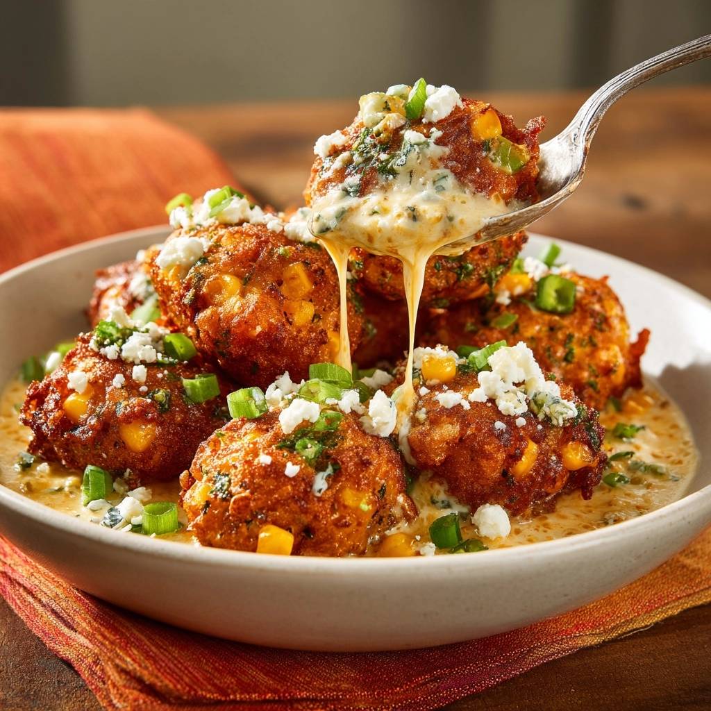 Cremige Mais-Suppe mit knusprigen Corn Fritters in Nahaufnahme, serviert mit geschmolzenem Käse und frischen Kräutern.