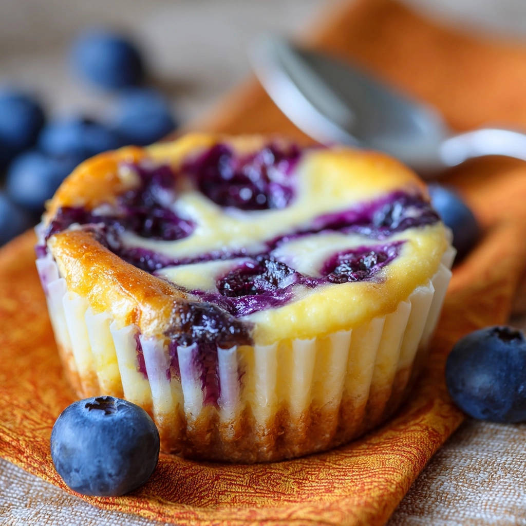 Cremige Mini-Blaubeer-Cheesecakes in Nahaufnahme zeigen einen saftigen, mit Blaubeeren belegten Käsekuchen in einer Papierform. Daneben liegen frische Blaubeeren zur Dekoration.