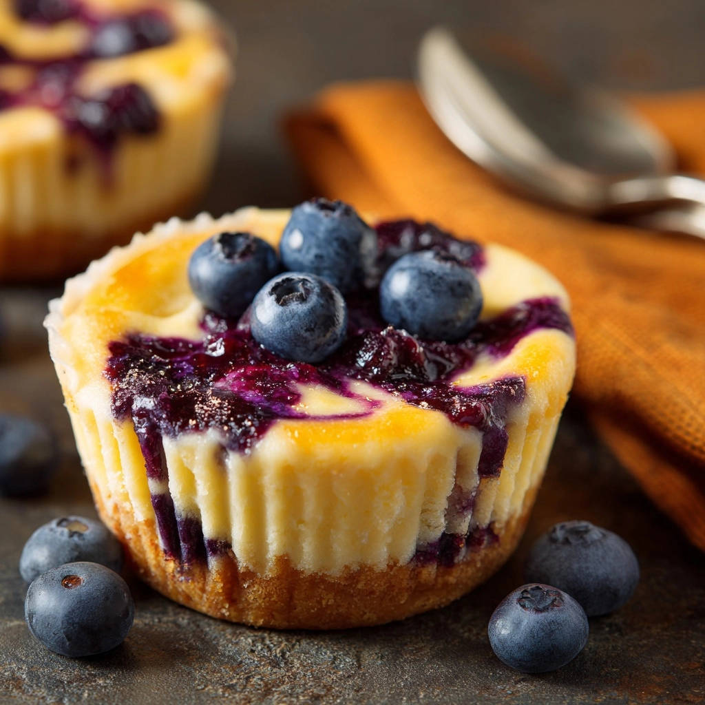 Cremige Mini-Blaubeer-Cheesecakes in Nahaufnahme, garniert mit frischen Blaubeeren und reichlich Blaubeersauce. Der Käsekuchen ist zart und saftig.