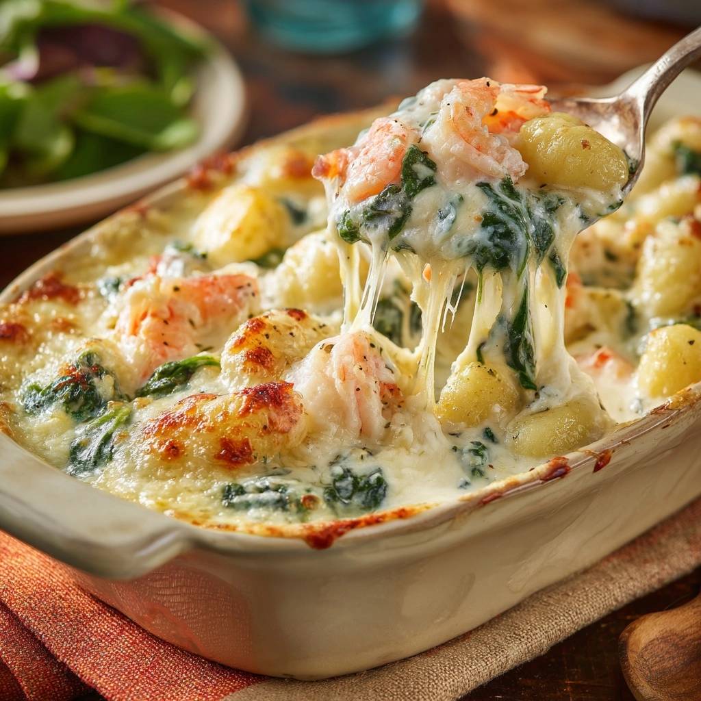 Cremige Ofengnocchi mit Garnelen und Spinat, die auf einem Löffel serviert werden, zeigen geschmolzenen Käse und frische Zutaten.