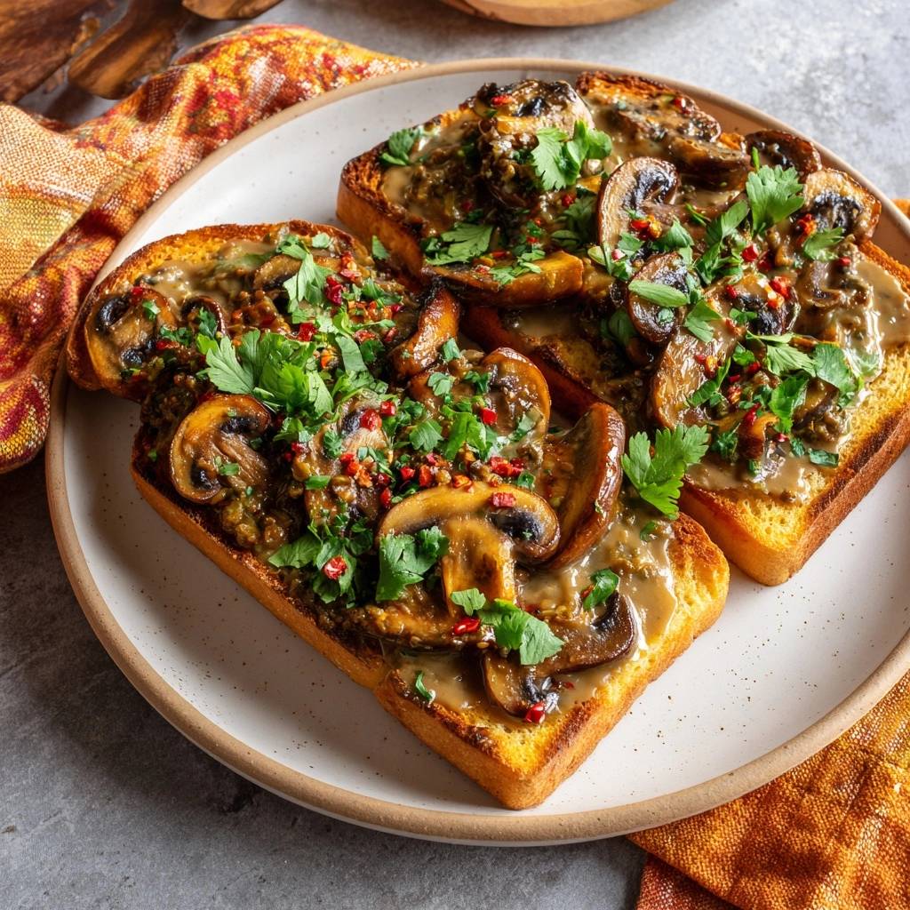 Cremige Pilz-Bruschetta serviert auf einem Teller, garniert mit frischer Petersilie und roten Chiliflocken. Das herzhafte Gericht ist ein Genuss.