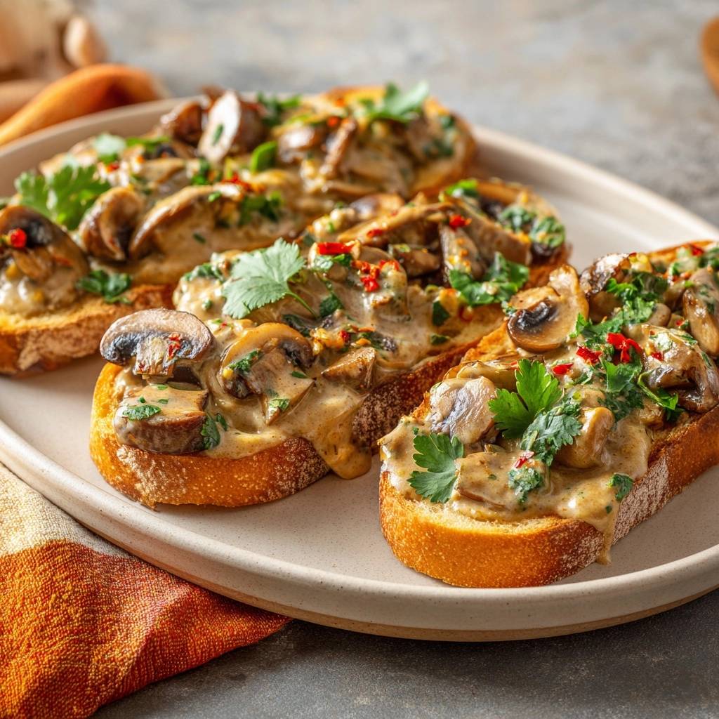 Cremige Pilz-Bruschetta, serviert auf einem hellen Teller, garniert mit frischer Petersilie und roten Chiliflocken. Die Pilze haben eine cremige Sauce.