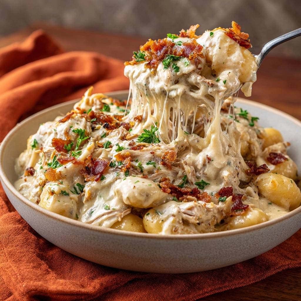 Cremige Räuchertofu-Käse-Gnocchi mit geschmolzenem Käse, die von einem Löffel gehoben werden, um die cremige Textur zu zeigen und mit knusprigem Speck garniert.