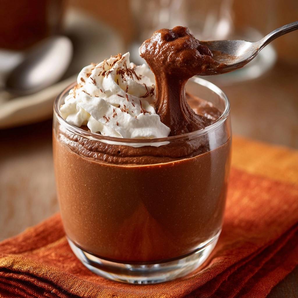 Cremige Schokoladenmousse Lffel Nahaufnahme 1 Cremige Schokoladenmousse, serviert in einem Glas, mit einem Löffel, der die cremige Textur der Mousse zeigt und mit Sahne garniert ist.