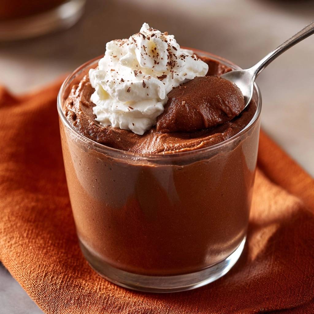 Cremige Schokoladenmousse in einem Glas serviert, mit Sahne und Schokoladenraspeln garniert, bereit zum Genuss.