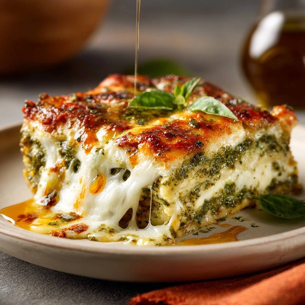 Cremige Spinat-Lasagne im Anschnitt, mit geschmolzenem Käse und saftigem Spinat. Eine Nahaufnahme zeigt die köstliche Textur des Gerichtes.