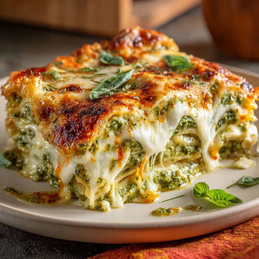 Cremige Spinat-Lasagne in Nahaufnahme, ein köstlicher Querschnitt mit geschmolzenem Käse und saftiger Füllung, serviert auf einem Teller.
