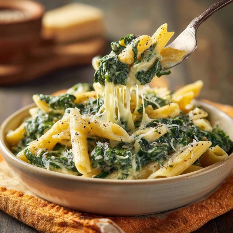 Cremige Spinat-Penne mit cremigem Käse und frischem Spinat, Nahaufnahme der köstlichen Pasta auf einer Gabel.