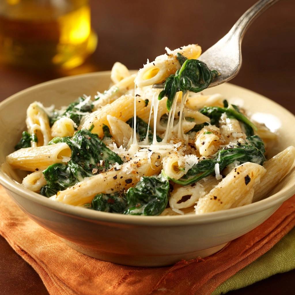 Cremige Spinat-Penne in einer Nahaufnahme, die geschmolzenen Käsefäden und frischen Spinat zeigt, serviert in einer Schüssel.