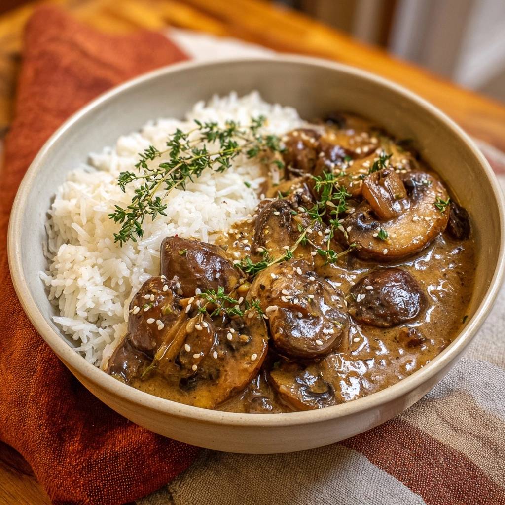 Cremiges Pilzragout auf Reis, serviert in einer Schüssel, mit frischen Kräutern garniert und mit Sesam bestreut.
