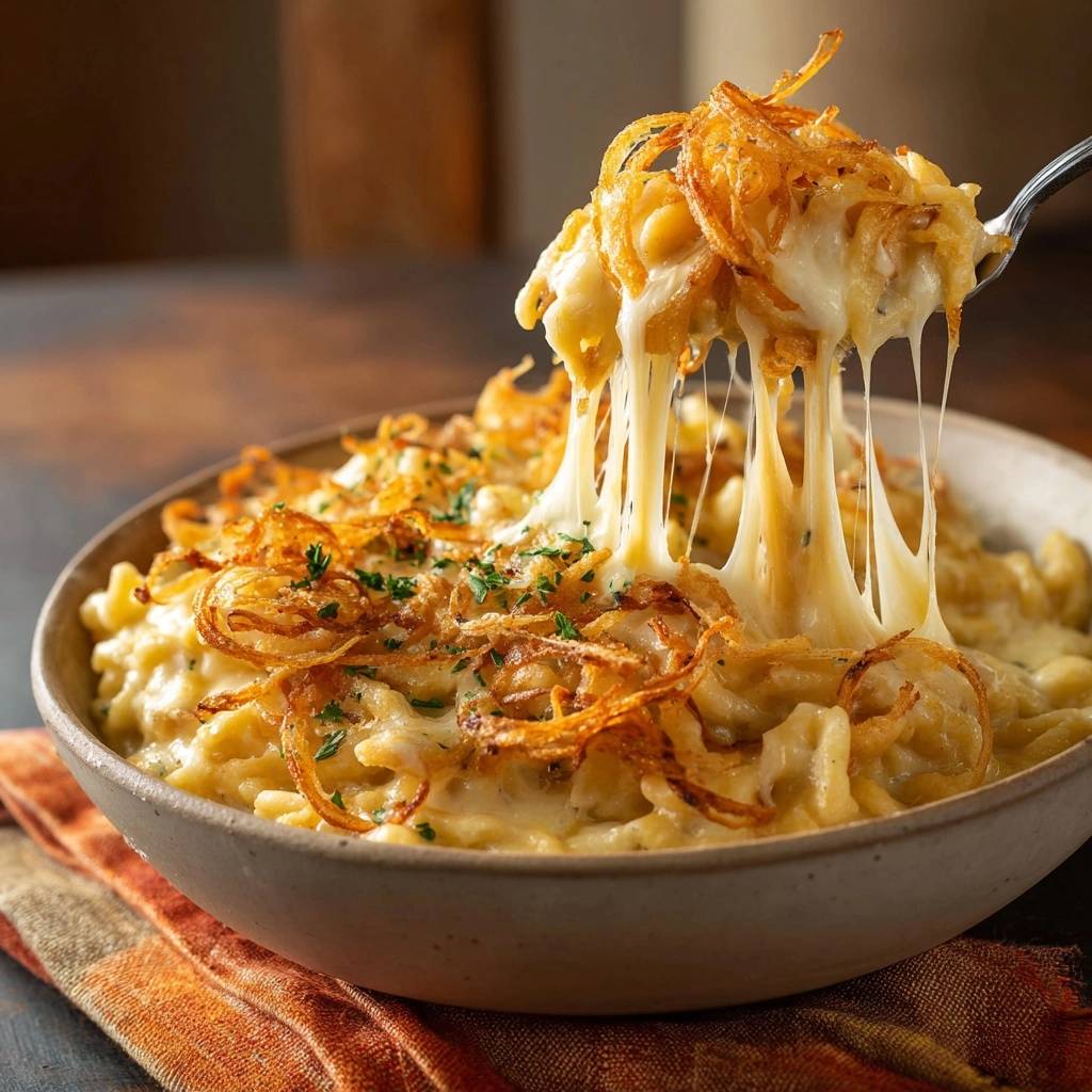 Cremiger Blumenkohl Kase Auflauf Kaesefaden Nahaufnahme 1 Cremiger Blumenkohl-Käse-Auflauf mit geschmolzenem Käse, der sich in langen Fäden vom Löffel zieht, serviert in einer rustikalen Schüssel.