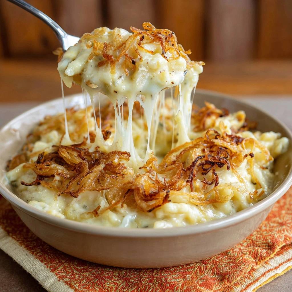 Cremiger Blumenkohl-Käse-Auflauf mit knusprigen Zwiebeln, eine Nahaufnahme zeigt den geschmolzenen Käse, der sich zieht.